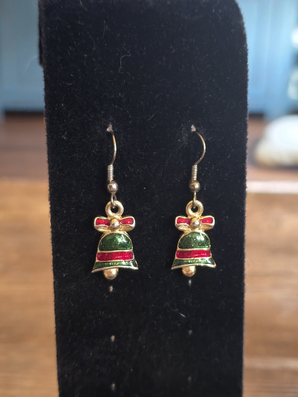 Gold-Tone Holiday Bell Drop Earrings with Green and Red Enamel